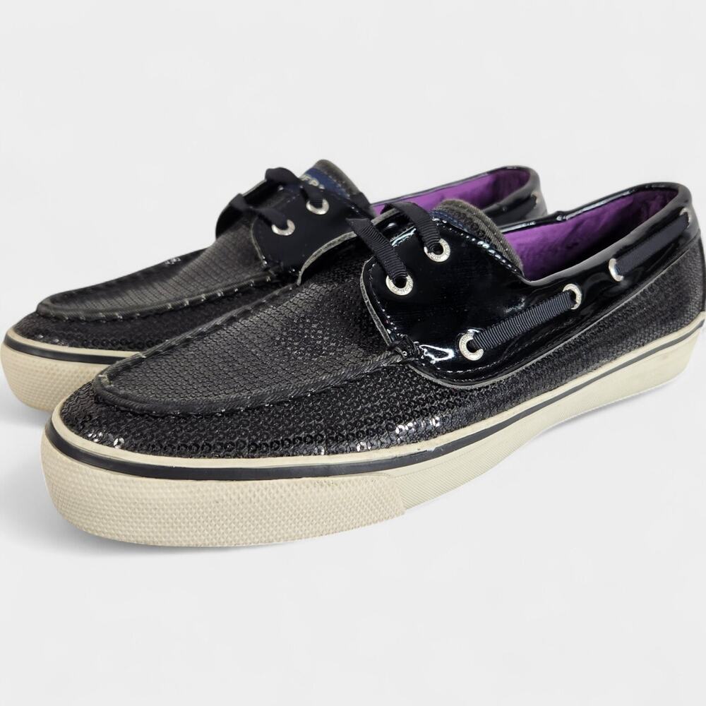 Sperry Top Sider Boat Shoes Women's 10 Black Sequin Patent Upper 9445545